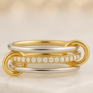 14K Solid Gold Multi Link Connected Ring, Chunky Two Tone Connector Ring, Eternity Statement Ring, Interlocking Diamond Ring, Promise Gift