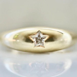 Star Diamond Ring, Yellow Gold Dome Band, Single Lab Grown Diamond Ring, Dainty Thin Stackable Ring, Plain Starburst Ring, Valentine Gift