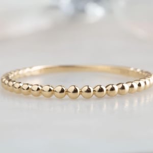 14k Gold Beaded Band Ring, 3MM Minimalist Beaded Stacking Ring for Women, Thin Stackable Gold Band 14k Gold Ball Ring Gold Dotted Ring