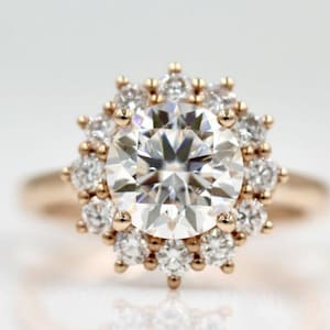 Vintage Round Diamond Engagement Ring, Lab Grown Diamond Ring, Halo Ring for Anniversary Gift, Solid White Rose Yellow Gold Ring