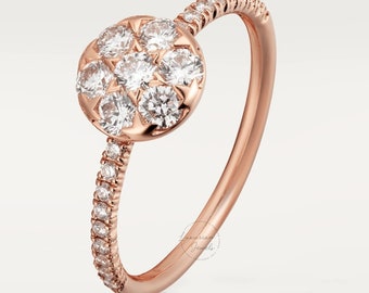 10K,14K,18K Rose Gold Round Diamond Ring, Lab Grown Cluster Engagement Ring, Handmade Diamond Ring, Birthday Gift For Her