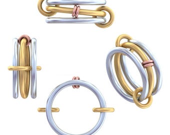 14k Yellow Gold Triple Band Connector Ring, Multi Link Interlocking Ring, Gold Connected Ring, Three Tone Gold Ring, Chunky Connector Ring