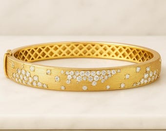 Moissanite Diamond Cluster Bangle Solid Gold Bracelet Handmade Jewelry