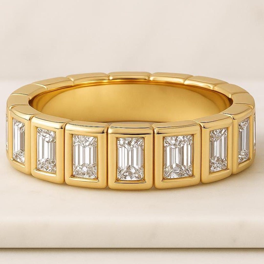 Lab Grown Diamond Baguette Eternity Ring Bezel Set Ring 14K Solid Gold ...
