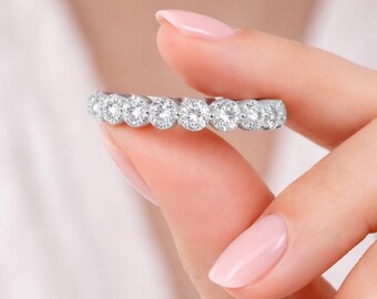 Round Diamond Half Eternity Wedding Band for Her Matching Stackable Band for Engagement Ring Anniversary Ring Minimalist Comfort Fit Band