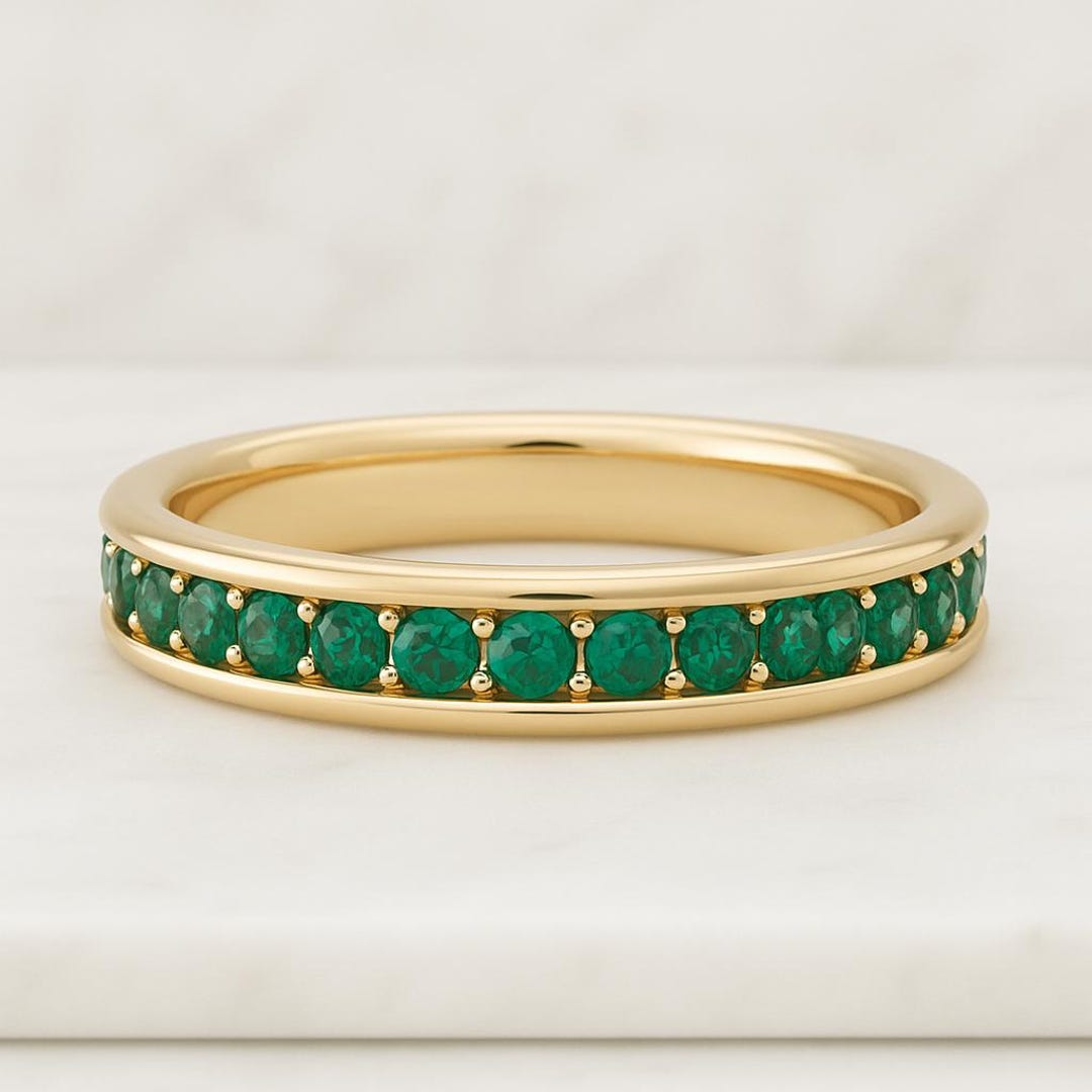 14k Solid Gold Emerald Eternity Band Ring, May Birthstone Wedding Band ...