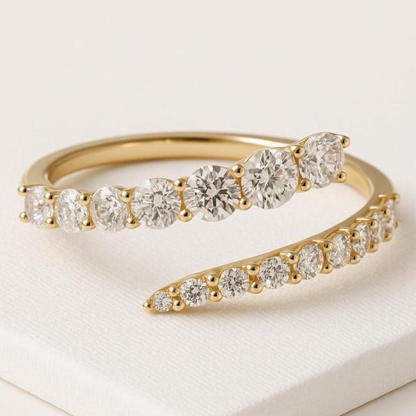 Round Cut Lab Diamond Wrap Ring, Solid Gold Spiral Band