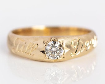 Yellow Gold Till Death Ring, Custom Initial Name Ring, Crystal Diamond Dome Ring,  Personalized Ring For Men and Women