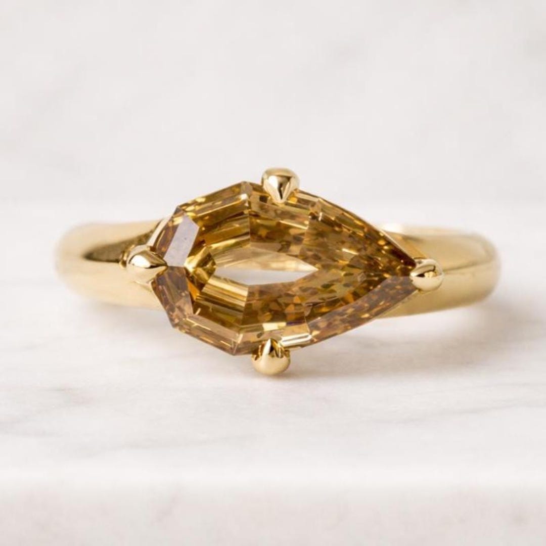 3 CT Geo Cut Perry Ring 14K Yellow Gold Marquise Champagne Diamond Ring ...