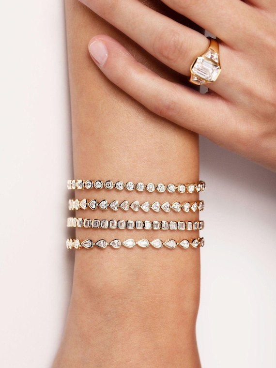 Diamond Tennis Bracelet 14K Gold Round Pear Heart Diamond Bracelet Minimalist Bracelet Diamond Gold Flexible Bracelet Birthday Gift Sale Etsy