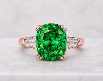 4CT Cushion Three Stone Ring Emerald Engagement Ring Cushion Cut Birthstone Ring 14K Gold Ring Wedding Ring Gift For Women