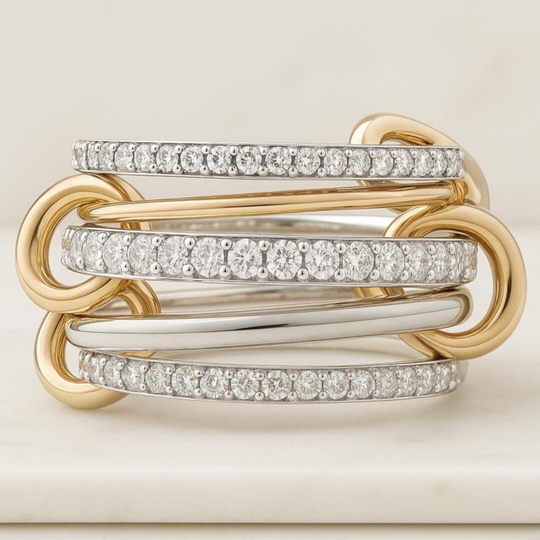Five Rings Interlocking 14K Gold Pave Interlocking Moissanite Ring, Five Minimalist Band ...