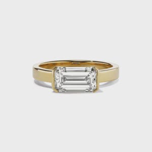 2.00 Carat Emerald Cut Lab Grown Diamond Engagement Ring, 14K Solid Yellow Gold Ring, Half Bezel Set Emerald Cut Diamond Solitaire Ring