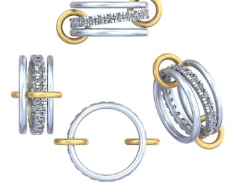 14k White Gold Three Band Connector Ring, Multi Link Interlocking Ring, Gold and Sterling Silver Stack Ring Set, Eternity Statement Ring