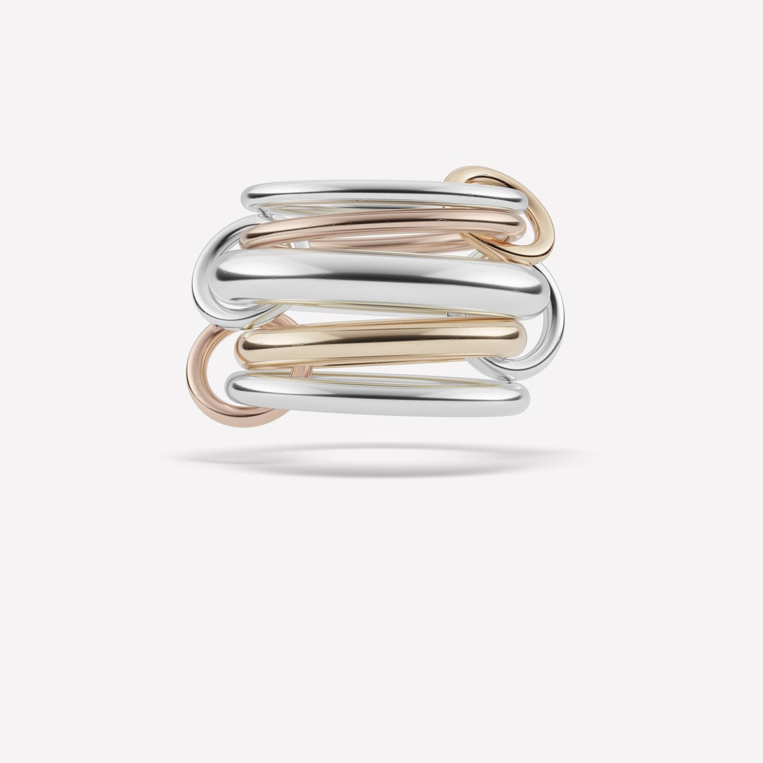 18K Gold Connected Ring, Three Tone Link Connected Rings, Interlocking ...
