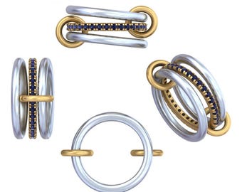 Sapphire Link Connected Rings, Multi Link Band Ring, Pave Birthstone Band, Interlinked Women Band, Chunky Gold Connector Ring, Handmade Ring