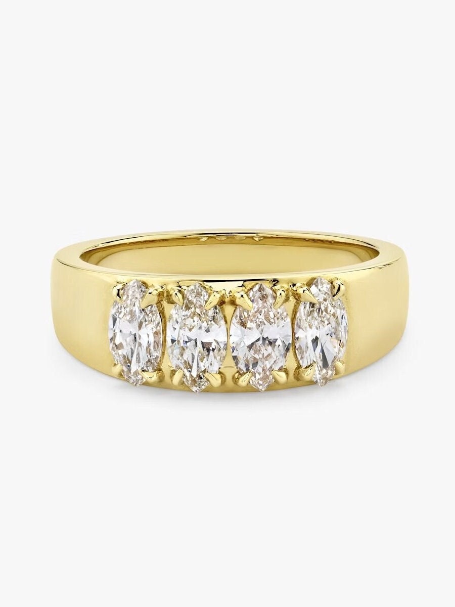 Diamond Anniversary Band, Lab Grown Diamond Band, Four Diamond Band, Yellow Gold Wide Band, Bridal Matching Band, Men's Women's Wedding Band