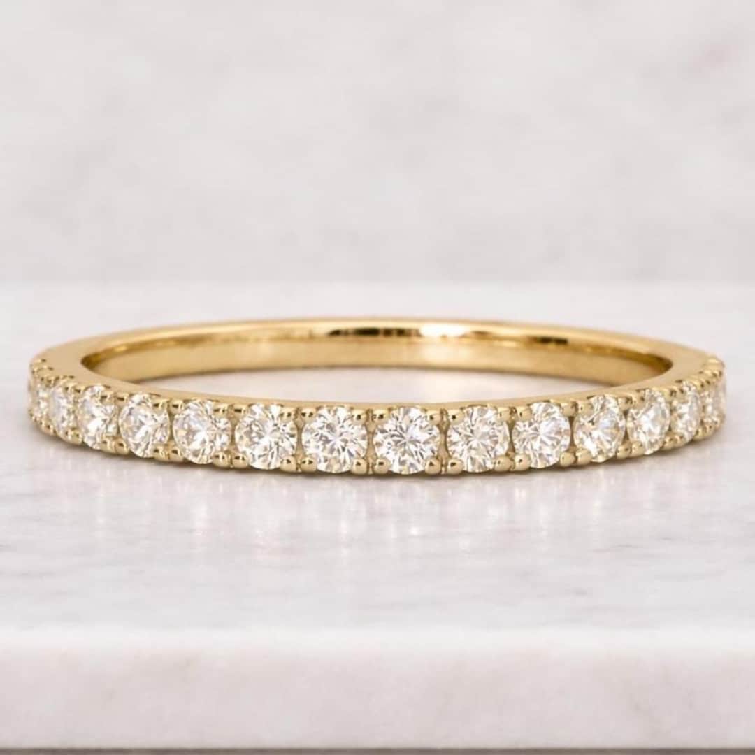 14k Gold Half Eternity Diamond Wedding Band, Lab Grown Pave Round Cut ...