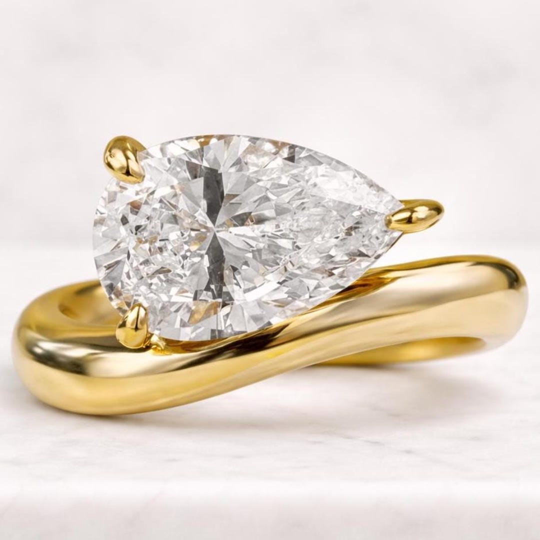 Pear Cut Lab Grown Diamond Ring | Solid Yellow Gold Double Band - Etsy