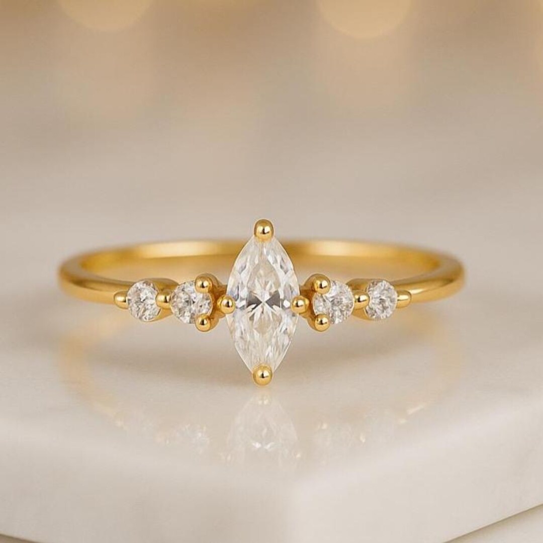 14K Gold Marquise Moissanite Diamond Ring Minimalist Engagement Ring ...