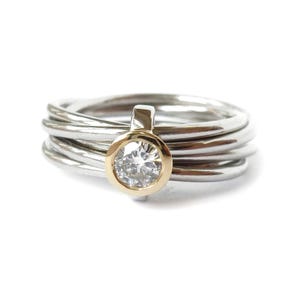 14K Solid White Gold Jumps, White Gold Multi-Band Ring, Plain Gold Round Diamond Bezal Set Connector Link Ring, Two Tone Ring