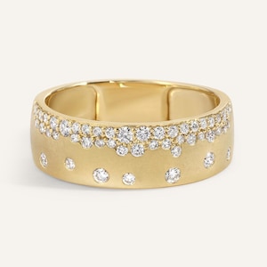 Flush Set Round Cut Lab Diamond Band Wide 14K Yellow Gold Wedding Band Cigar Band Ring For Women&#39;s Promise Band Engagement Band