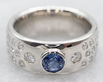 Vintage Blue Sapphire And Diamond Band, 14K Gold Bezel Flush Set Band, Gemstone Jewelry, September Birthstone Band, Good Luck Band