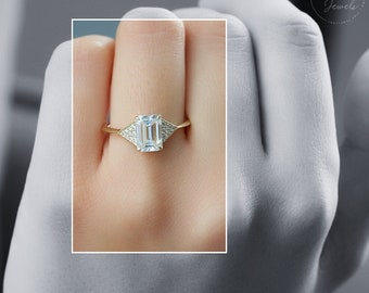 Emerald Cut Lab Grown Diamond Ring, Solitaire Accent Engagement Ring, Petite Claw Prong Ring, Personalized Ring For Mom, Love Gifts