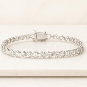 14k Gold Round Moissanite Diamond Tennis Bracelet, Handmade Bezel Set Bracelet