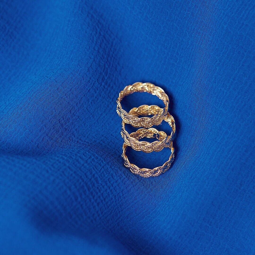 14K Solid Gold Braided Twist Rope Ring/ Unique Wedding Band for Women