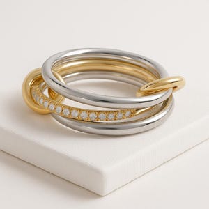 14K Solid Gold Multi Link Connected Ring, Chunky Two Tone Connector Ring, Eternity Statement Ring, Interlocking Diamond Ring, Promise Gift