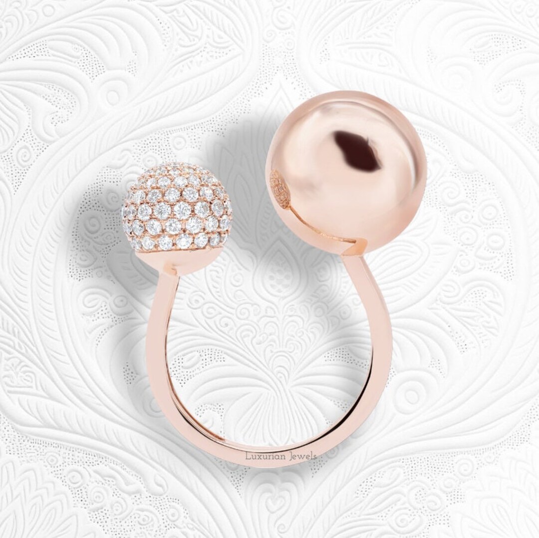 14K Gold Dual Ball Diamond Ring Lab Created Diamond High Etsy