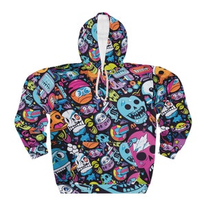Trendy Hooded Sweater Emoji Print Gift For Him Psychedelic Coloured Sweater For Party and Festival