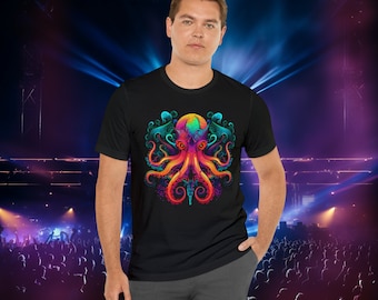 Psychedelische octopus, uniseks T-shirt, neonfeestprint