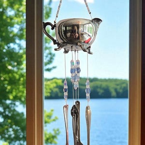 Vintage Silverplate Creamer Wind Chime: Crystal Beads, Garden Decor Plant Bling