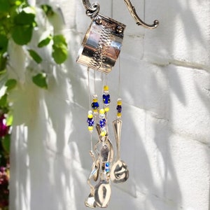 Upcycled Silverplate Wind Chime: Vintage Glass, Crystal Beads, Garden Decor
