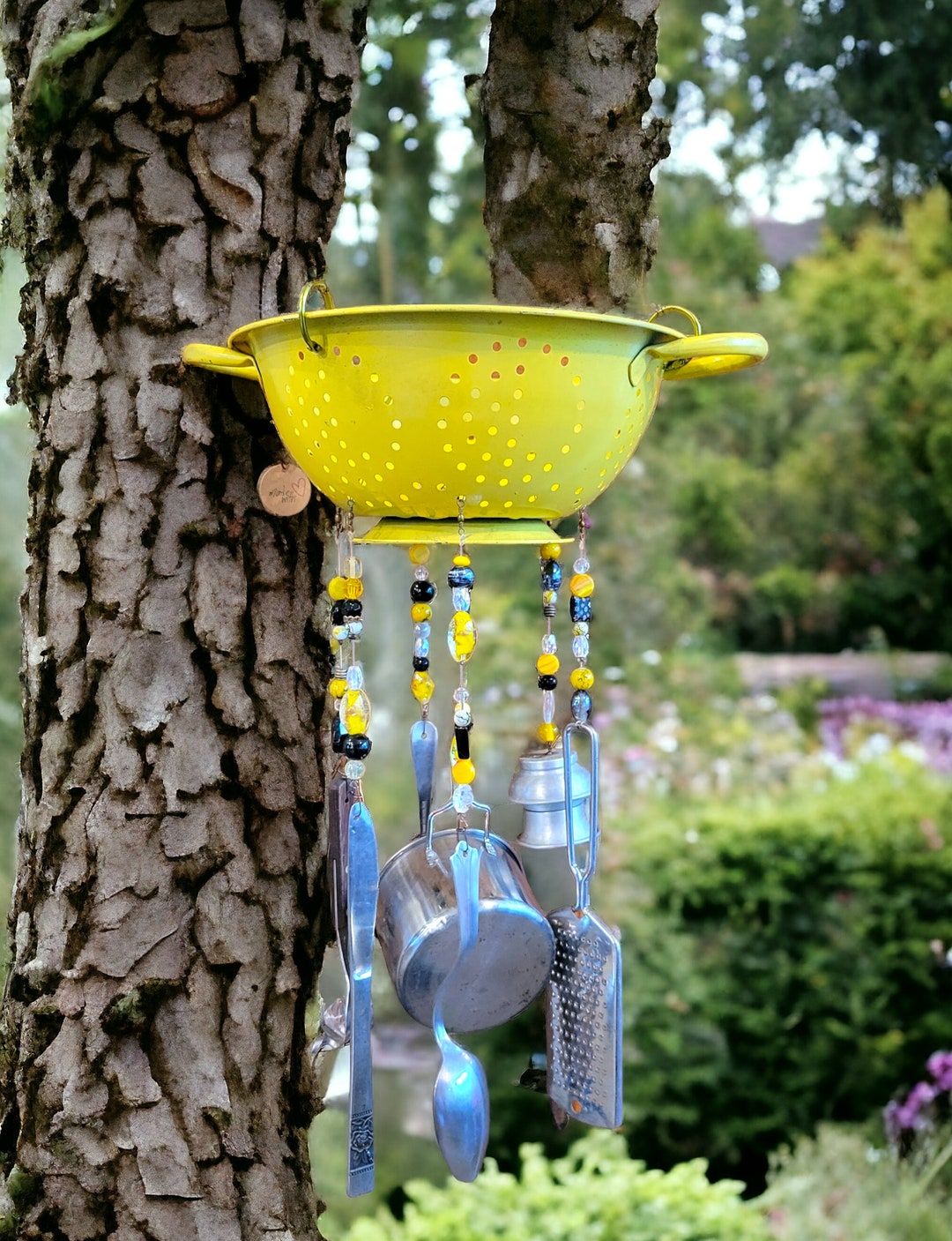 Rustic Farmhouse Aluminum Colander Planter Wing Chime With Silverware