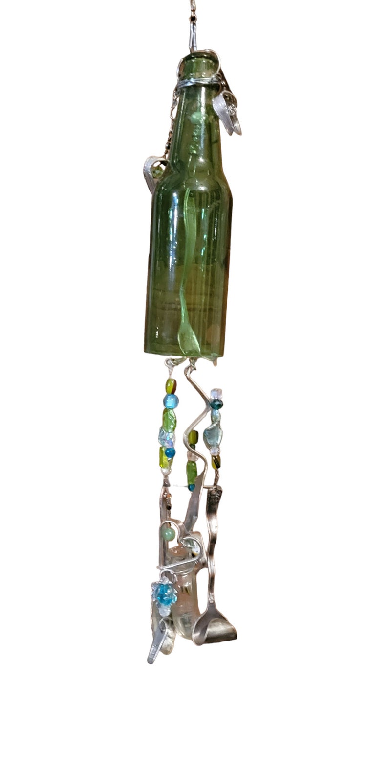 Glass Bottle Wind Chime With Hammered Silverplate Silverware, Bent and