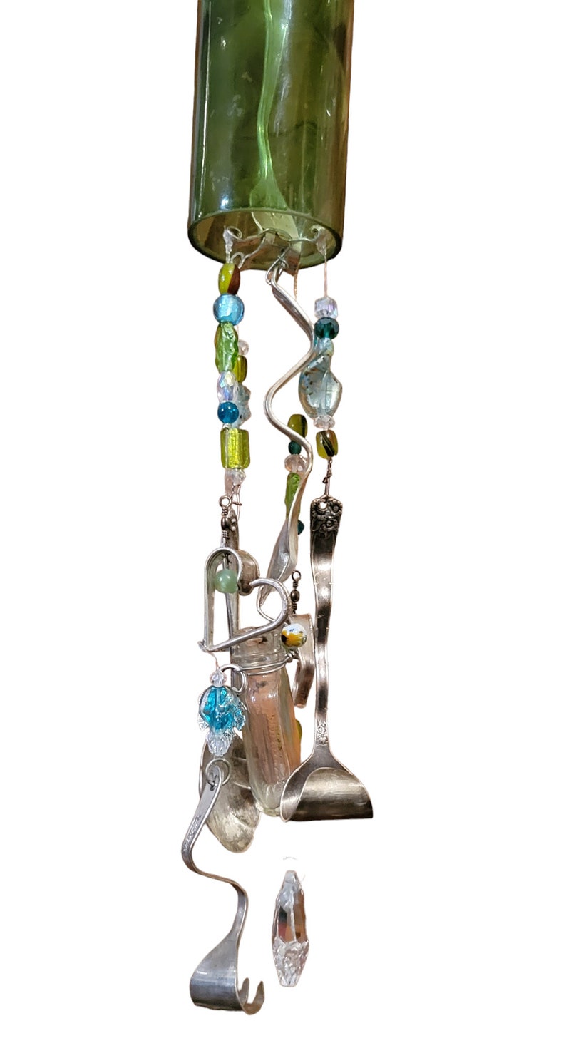 Glass Bottle Wind Chime With Hammered Silverplate Silverware, Bent and