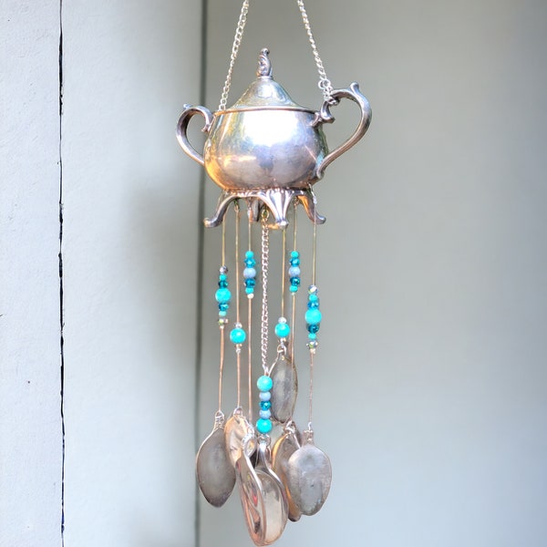 Silverplate Vintage Sugar Bowl with Lid Wind Chime Silverplate Spoon Biwls and Suncatcher Crystals. Plant Holder Wind chime, Garden Art