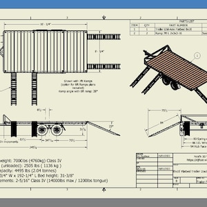 Pode incluir: Um reboque de metal preto com uma plataforma de madeira, rampas e uma lista de peças. O reboque mede 245,7 cm de largura e 488 cm de comprimento. A altura da plataforma é de 79,7 cm. O reboque tem um peso bruto máximo de 3175 kg e uma capacidade de carga máxima de 2038 kg.