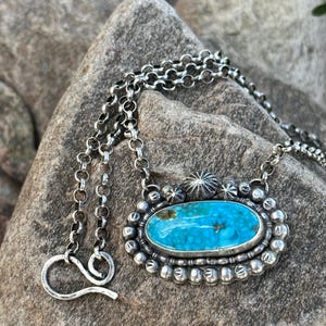 Artisan Handmade Water Webbed Kingman Turquoise Necklace Silver Beaded Design USA Made Boho Western Style Jewelry.
