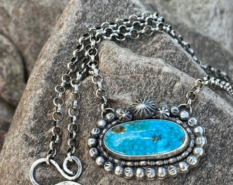 Artisan Handmade Water Webbed Kingman Turquoise Necklace Silver Beaded Design USA Made Boho Western Style Jewelry.