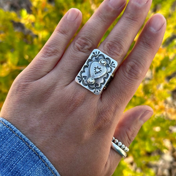 Artisan Handmade Chunky Sterling Silver Heart Tag Style Hand Stamped Ring USA Made Boho Western Style Jewelry.