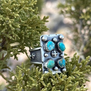 Artisan Handmade Cerrillos Turquoise and Sterling Silver Artisan Designed Cluster Style Ring, Mulit-Stone, USA Boho Southwestern Jewelry.