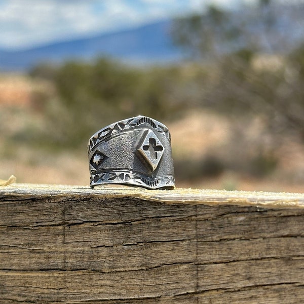 Artisan Handmade Chunky Sterling Silver Cross Cigar Band Stamped Design Ring USA Made Boho Western Style Jewelry.