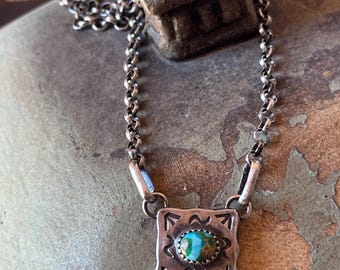 Artisan Handmade Sonoran Mountain Turquoise Sterling Silver Tag Style Necklace Design USA Wearable ART Made Boho Western Style Jewelry.