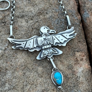 Artisan Handmade Blueridge Turquoise Thunderbird Sterling Silver Necklace Design USA Wearable ART Made Boho Western Style Jewelry.