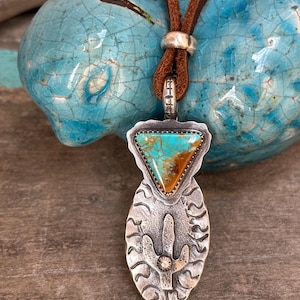 Artisan Handmade Kings Manassa Turquoise Desert Cactus Sterling Silver and Leather Cord Necklace USA Wearable ART Boho Western Style Jewelry