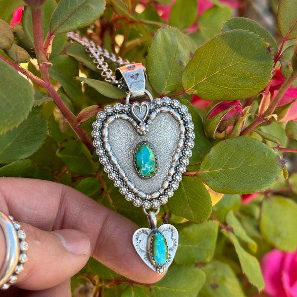 Artisan Handmade Heart and Sonoran Mountain Turquoise Pendant USA Made Boho Western Style Jewelry